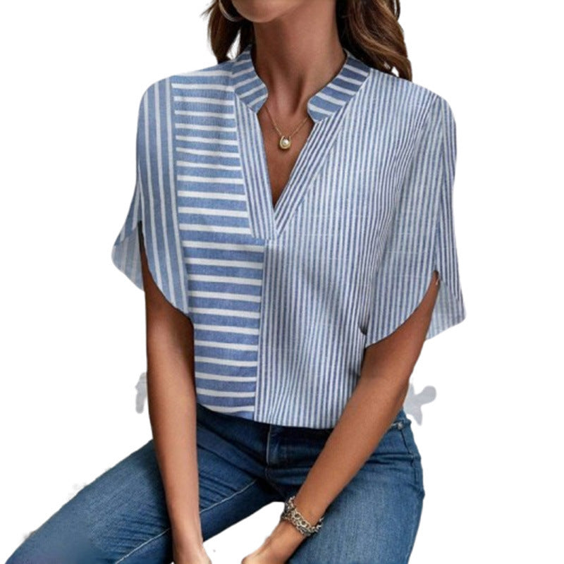 Summer New Stand Collar Pullover Striped Printed Casual Shirt