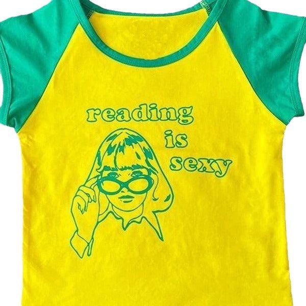 Contrast Color Round Neck Letter Print Slim Fit Short Slimming Navel-exposed Casual Top