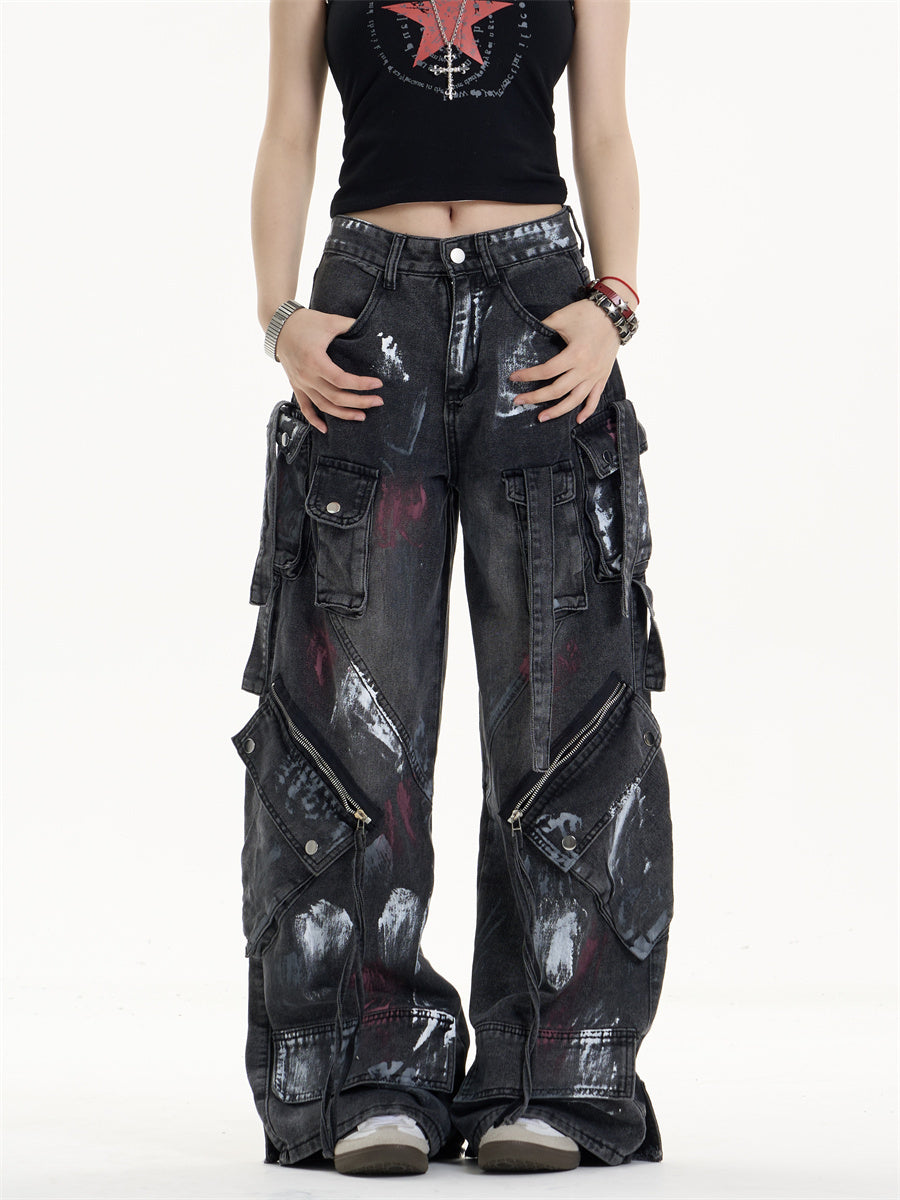 Multi-Pocket Workwear Jeans Women's Loose Wide-leg Pants
