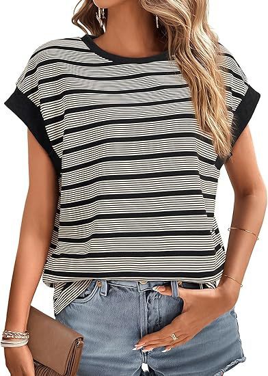 Women's Clothing Stylish Loose Round Neck Stripe Knitted T-shirt