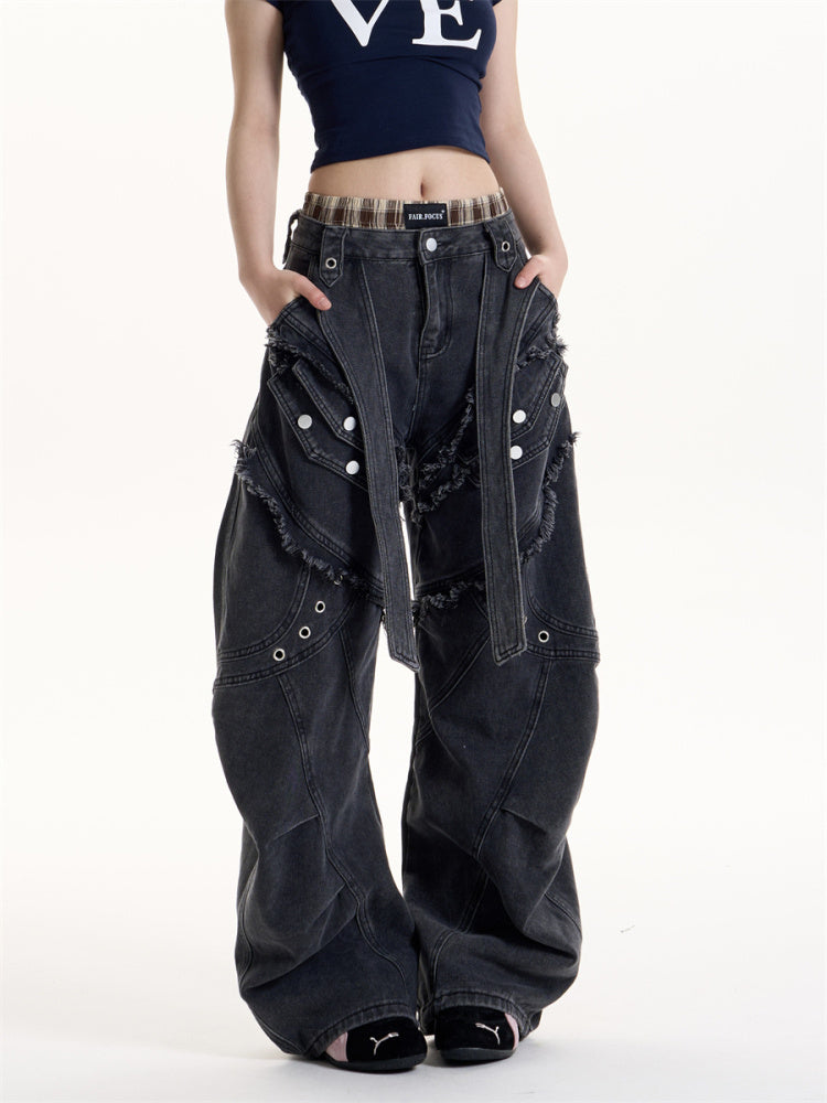 American Retro Heavy Industry Mechanical Style Deconstruction Cargo Jeans