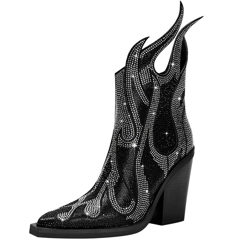 New Sexy Square Toe Chunky Heel Rhinestone Flame Martin Boots