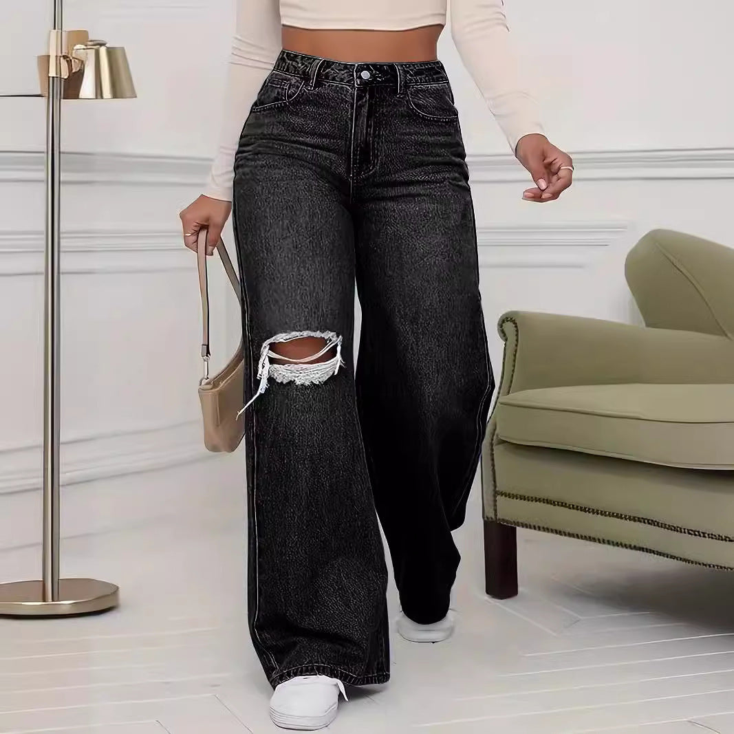 Women's Ripped Wide-legged Jeans