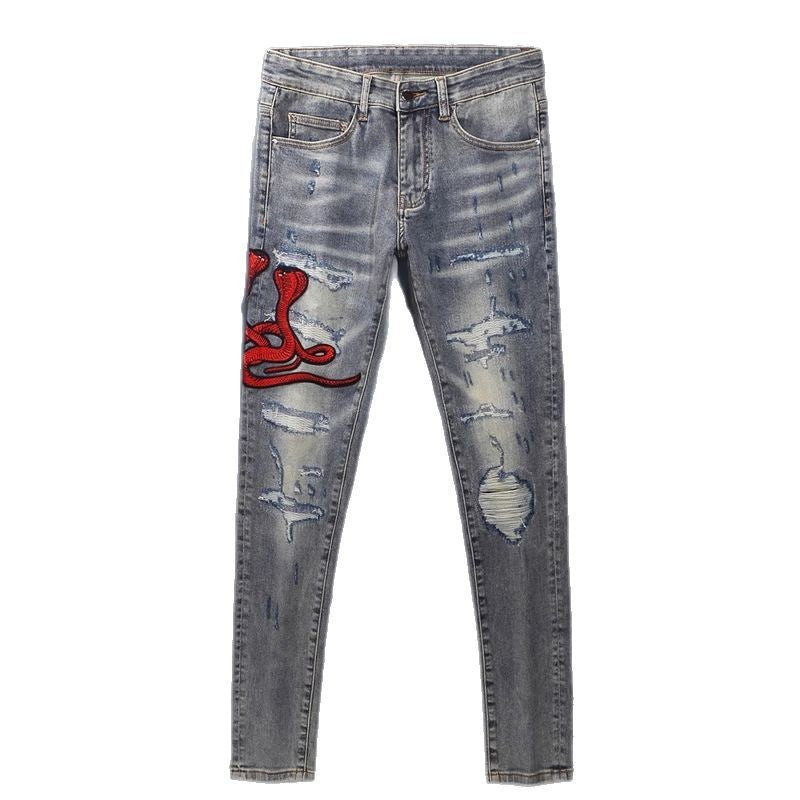 Worn Looking Washed-out Hole Patch Trendy Brand Embroidered Slim Fit Jeans