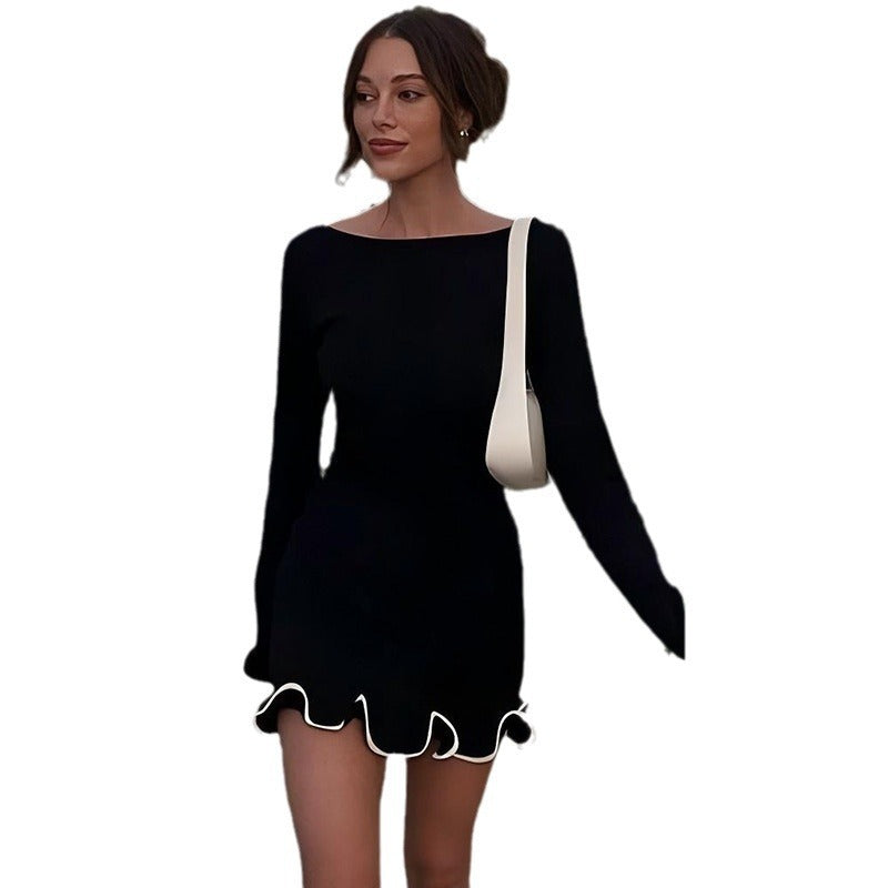 Autumn And Winter New Temperament Pure Color Round-neck Long-sleeved Dress