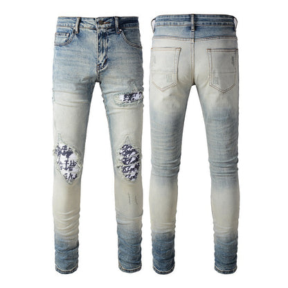 American High Street Fashionable Men's Ripped Black And White Patch Jeans
