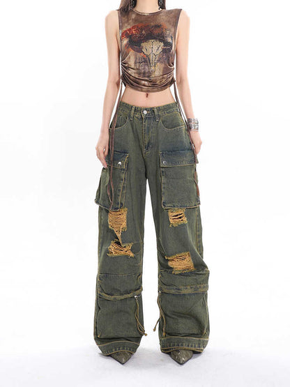 Retro Mopping Waste Jeans Washed And Worn Overalls