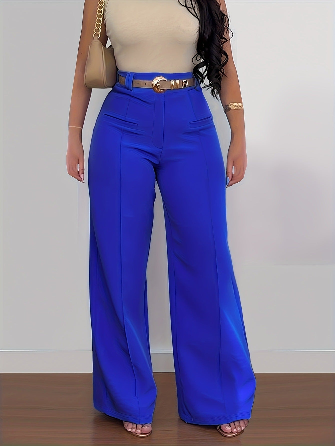 Women's Casual Solid Color Wide Leg Pants Polyester Fabric