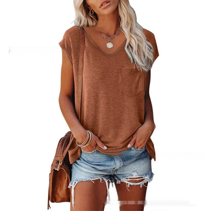 Women's Solid Color Vest Pocket V-neck Short-sleeved T-shirt With Shoulder