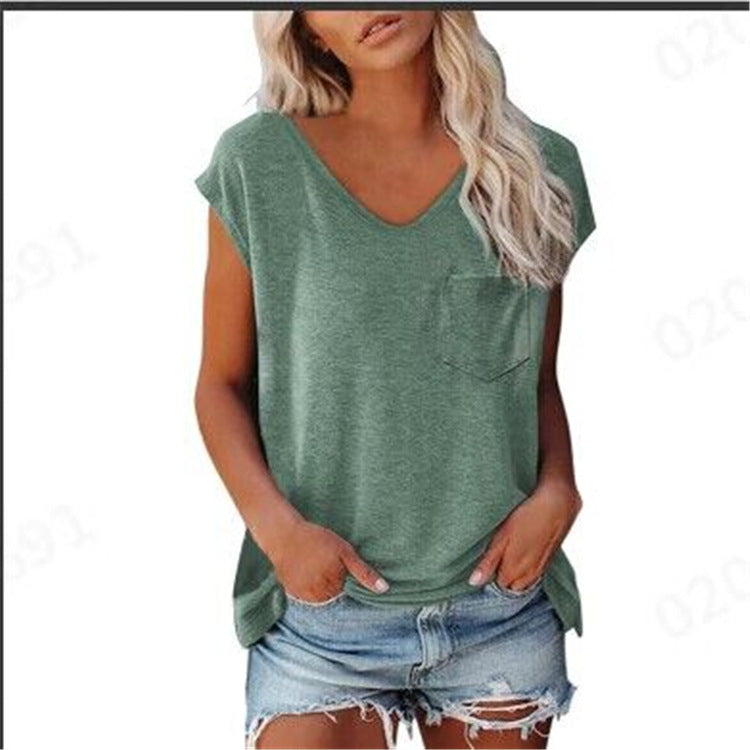 Women's Solid Color Vest Pocket V-neck Short-sleeved T-shirt With Shoulder