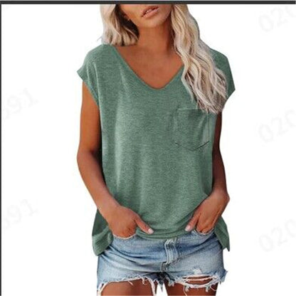 Women's Solid Color Vest Pocket V-neck Short-sleeved T-shirt With Shoulder
