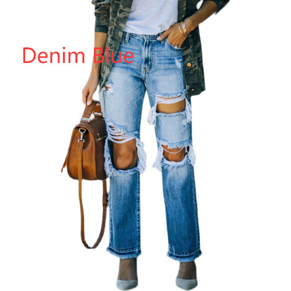 Ripped Foot Burr Fashion Straight Pants