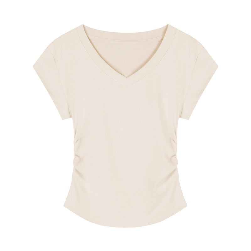 V-neck Short-sleeved Shoulder T-shirt Design Tight Waist Bottoming Shirt