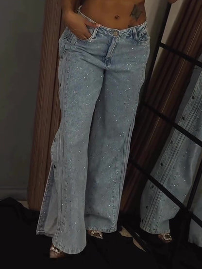 Button Polyester Rhinestone Fashion Jeans