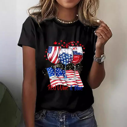 Independent Love Wine Glass Printing Summer Leisure Loose-fitting Women's Short Sleeve