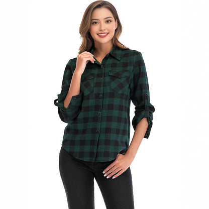 European And American Retro Plaid Women's Clothing All-matching Lapel Long Sleeve Shirt Coat