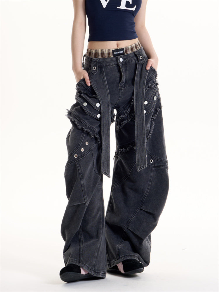 American Retro Heavy Industry Mechanical Style Deconstruction Cargo Jeans