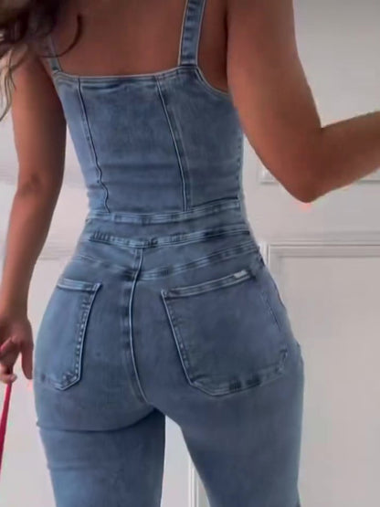 Sleeveless Paneled Zipper Denim Jumpsuit