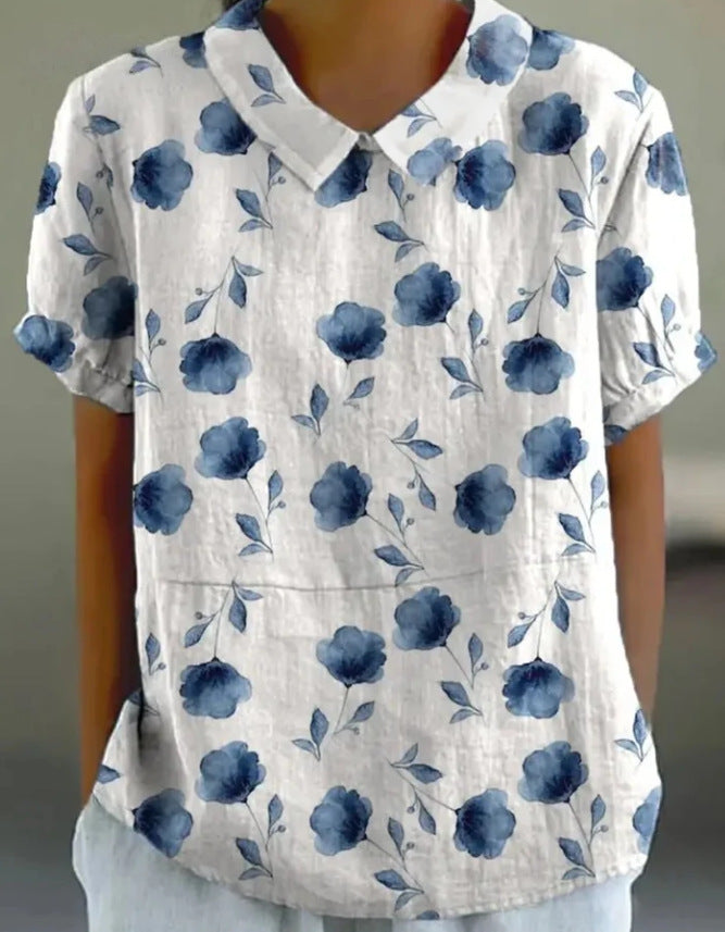 Women's Floral Stitching National Style Printing Lapel Short Sleeve