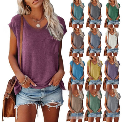 Women's Solid Color Vest Pocket V-neck Short-sleeved T-shirt With Shoulder