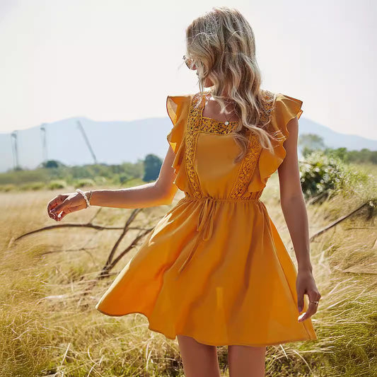 Women's Solid Color Stitching Lace High Waist Big Swing Dress