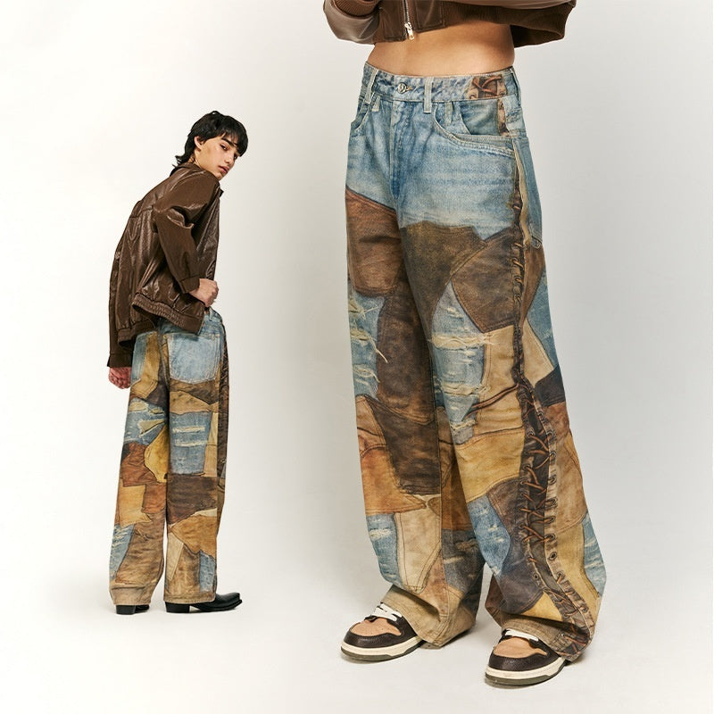 Vintage Patch Digital Printing Jeans Pure Cotton Casual Pants
