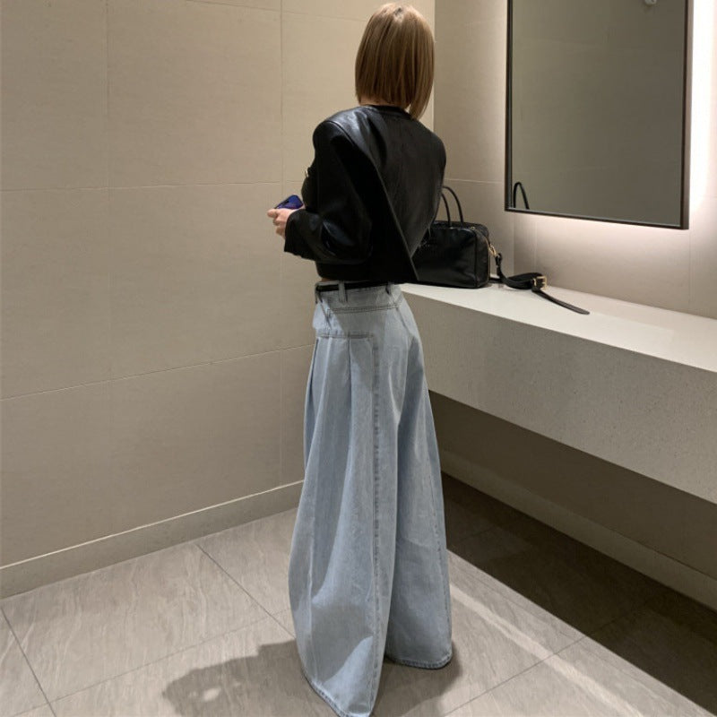 Women's Korean-style Temperament High Waist Pleated Stitching Wide-leg Jeans