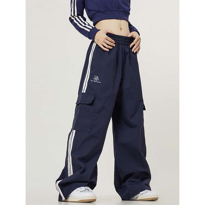 Retro Side Striped Overalls Women's Straight Casual Pants