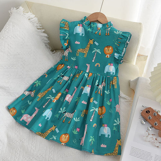 Flying Sleeve Cartoon Print Children's Western Style Dress
