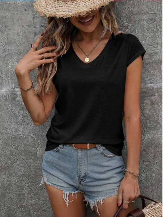 Spring And Summer Solid Color Short-sleeved V-neck Simplicity T-shirt Top For Women