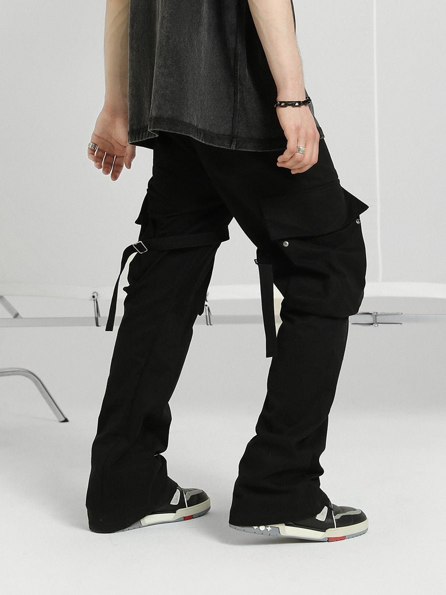 Retro Strappy Three-dimensional Tailoring Pocket Micro-flare Overalls Trousers Men