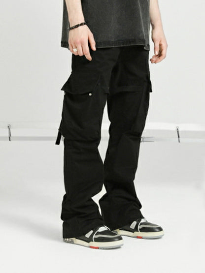 Retro Strappy Three-dimensional Tailoring Pocket Micro-flare Overalls Trousers Men