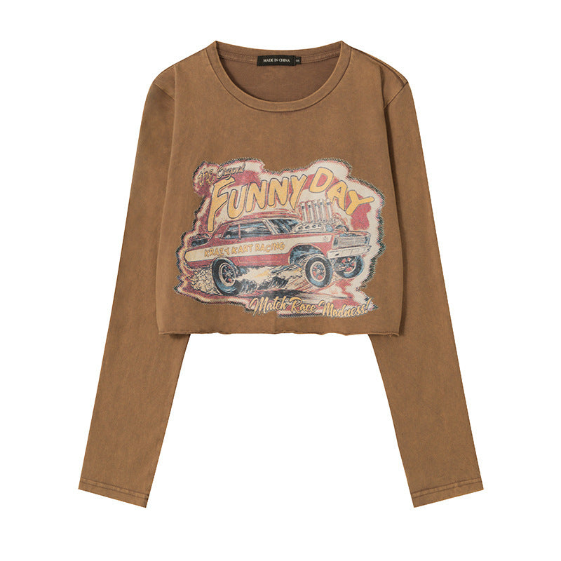 Retro Distressed Printed Short Sleeve Round Neck Shoulder Width Loose