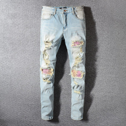 Colorful ripped patch beggar pants