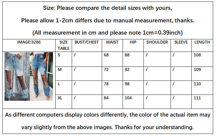 Big Ripped Jeans Women's Chain Ornaments Straight-leg Pants