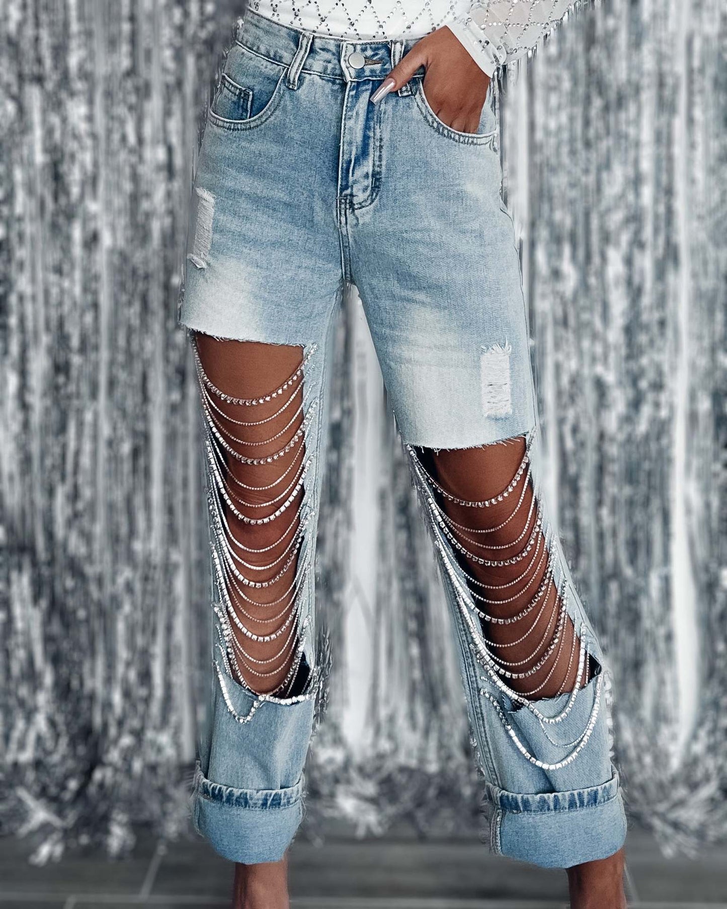 Big Ripped Jeans Women's Chain Ornaments Straight-leg Pants