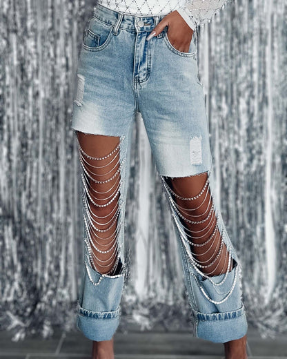 Big Ripped Jeans Women's Chain Ornaments Straight-leg Pants
