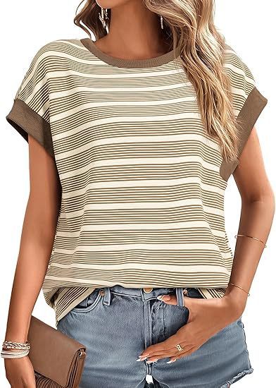 Women's Clothing Stylish Loose Round Neck Stripe Knitted T-shirt