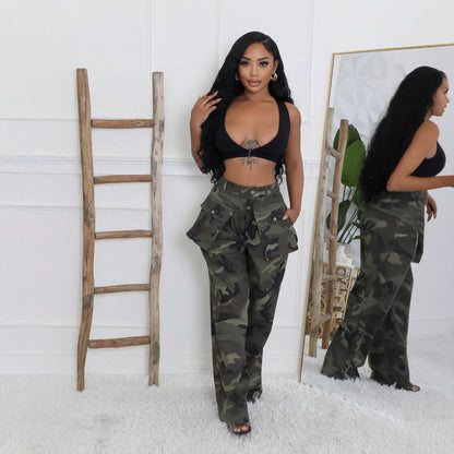 Camouflage Multi-pocket Loose Zip Overalls