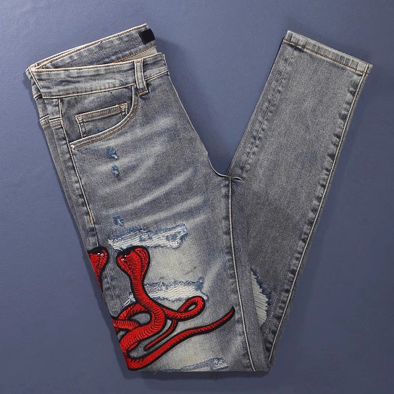 Worn Looking Washed-out Hole Patch Trendy Brand Embroidered Slim Fit Jeans