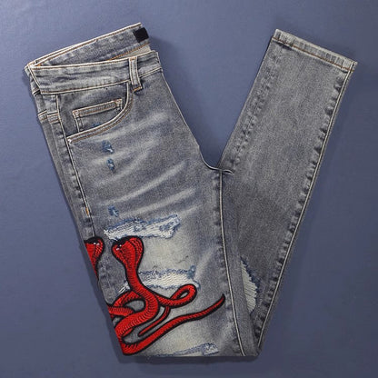 Worn Looking Washed-out Hole Patch Trendy Brand Embroidered Slim Fit Jeans