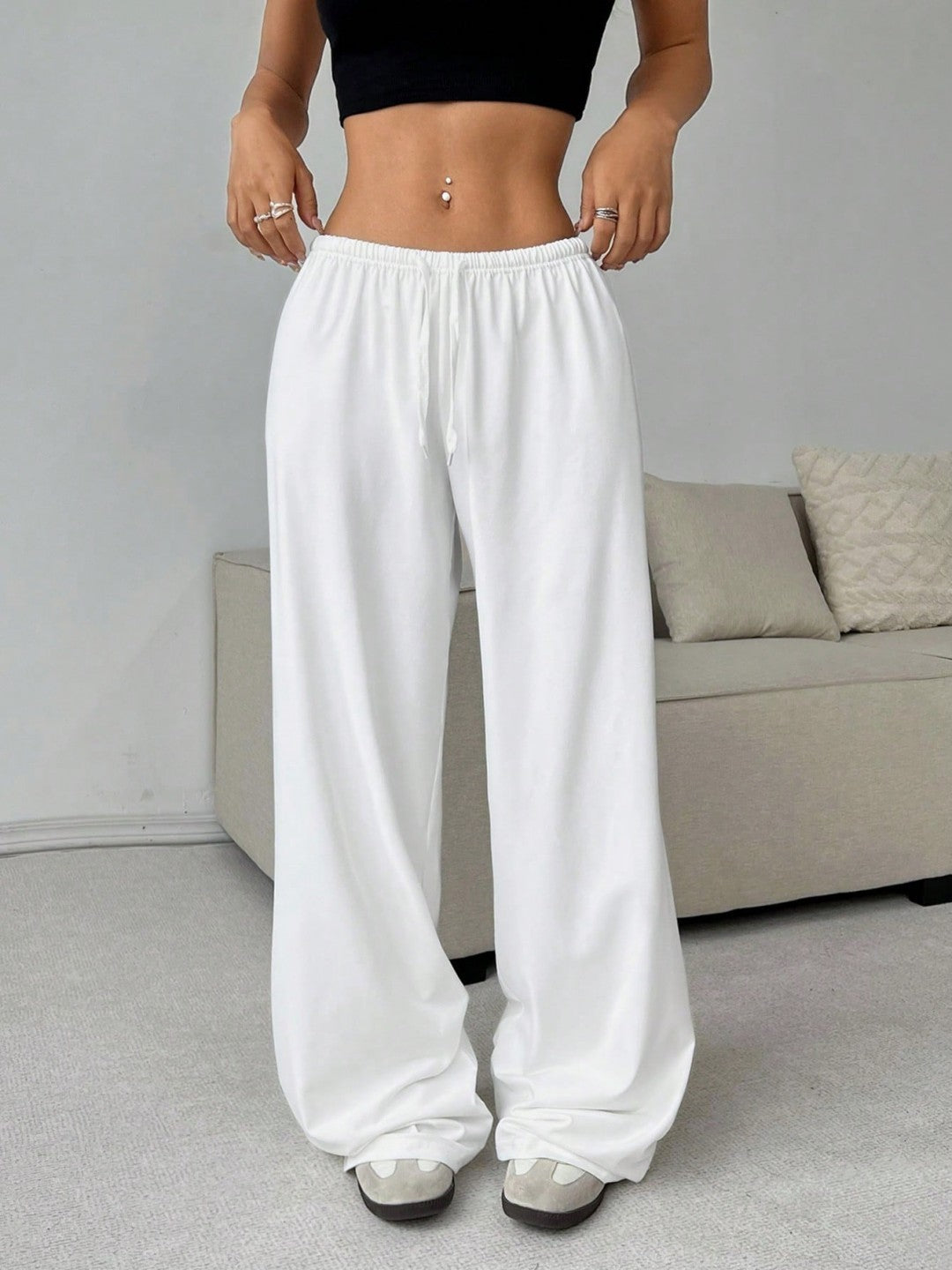 Trousers Elastic Waistband Lace-up Wide-leg Casual Pants