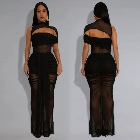 Women's Wear Sexy Transparent Mesh Arm Covering Dress