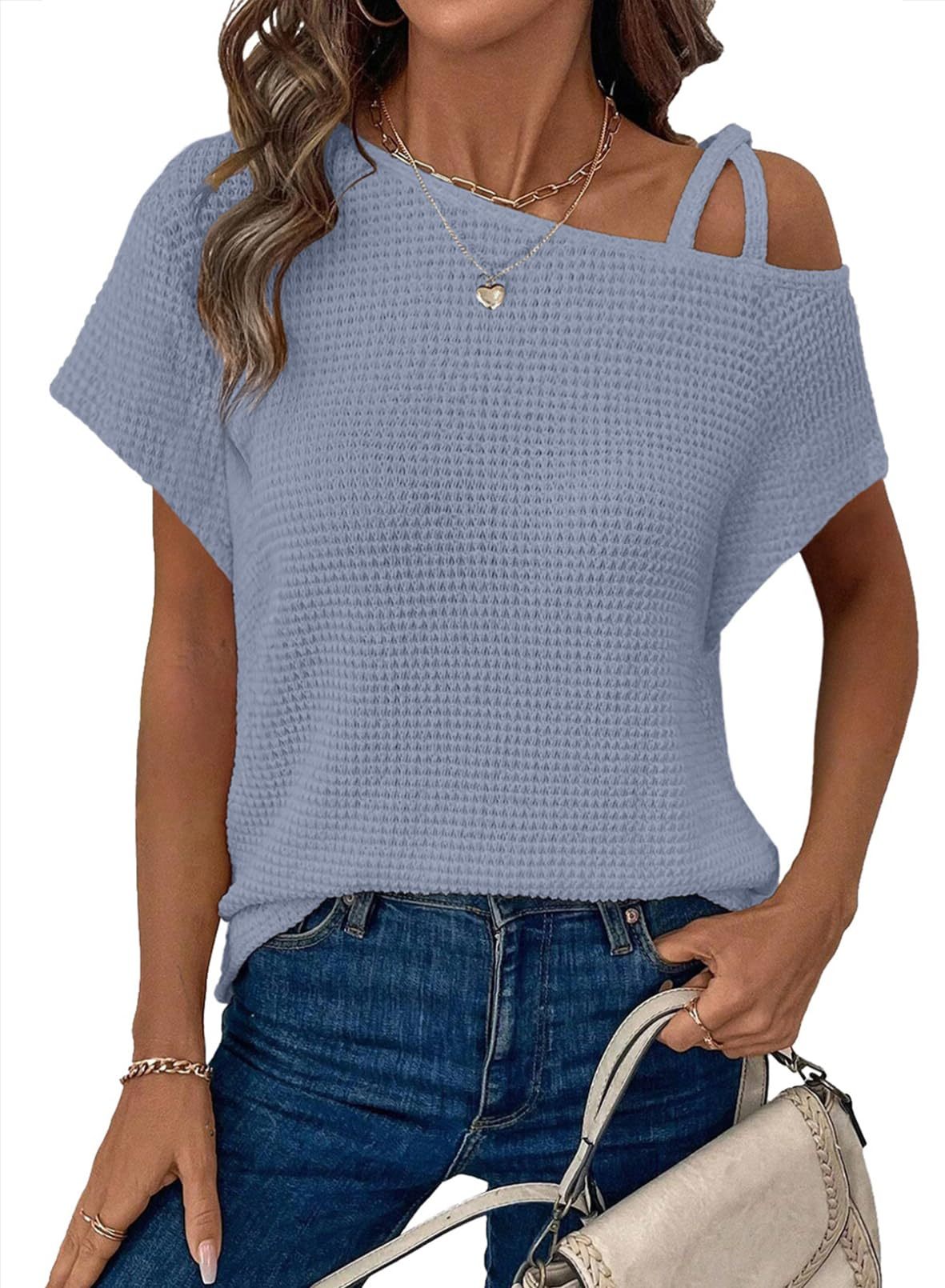 Women's Short-sleeved Solid Color Top Fashionable All-match Off-shoulder Knitted T-shirt