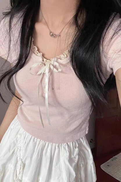 Women's Summer Sweet Bow Lace Short-sleeved Top T-shirt