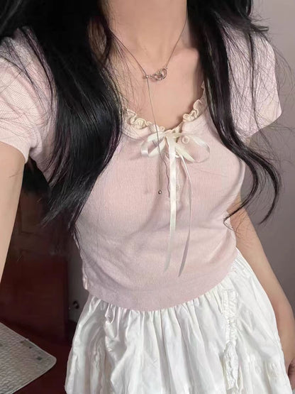 Women's Summer Sweet Bow Lace Short-sleeved Top T-shirt