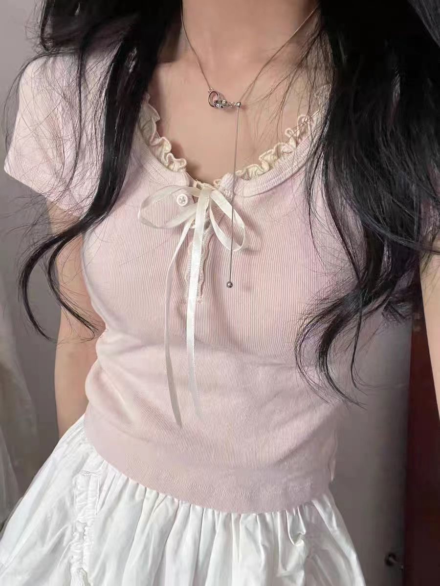 Women's Summer Sweet Bow Lace Short-sleeved Top T-shirt