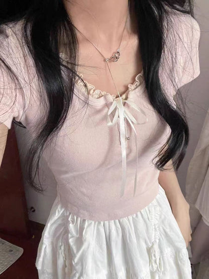 Women's Summer Sweet Bow Lace Short-sleeved Top T-shirt