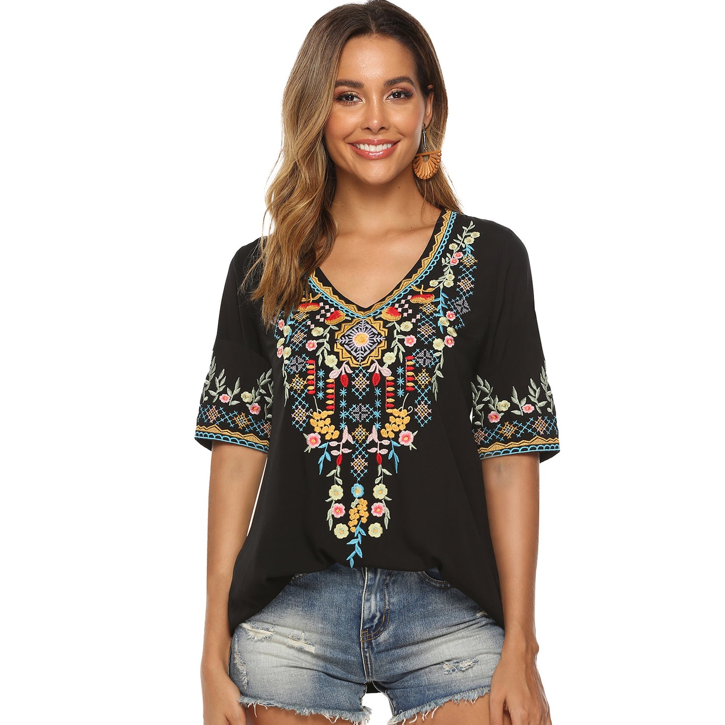 European And American Embroidered V-neck Top