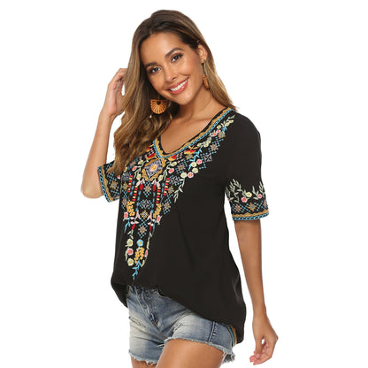 European And American Embroidered V-neck Top